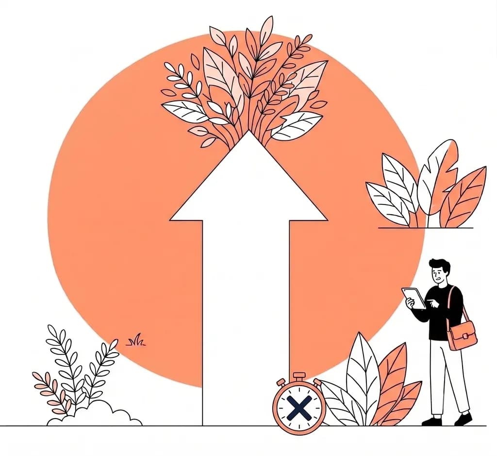 Illustration of a growth arrow rising past a stopped clock, representing fast-moving business growth outpacing slow bank approvals
