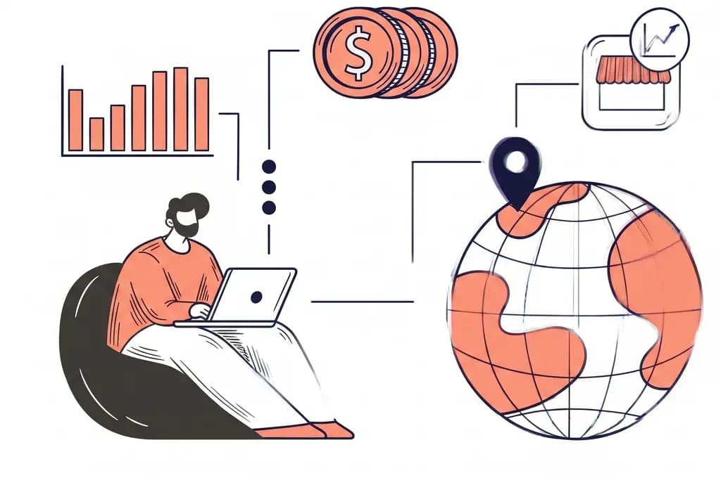 Illustration of a person analysing growth charts and currency, connected to a global map marker representing cross-border trade finance