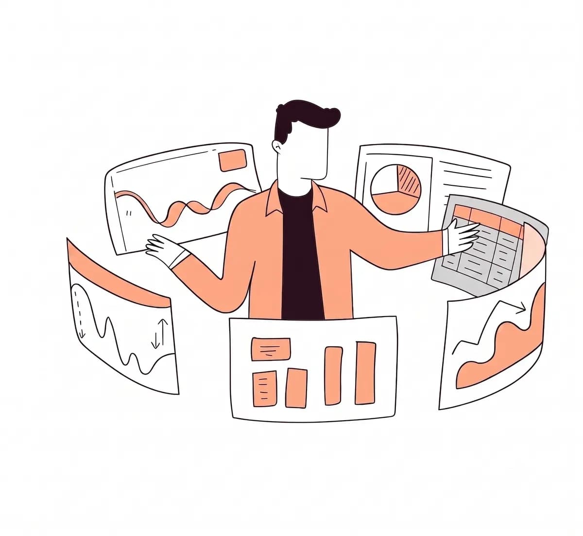 Illustration of an advisor surrounded by financial charts, tables, and reports, representing Capmob's data-driven scoring