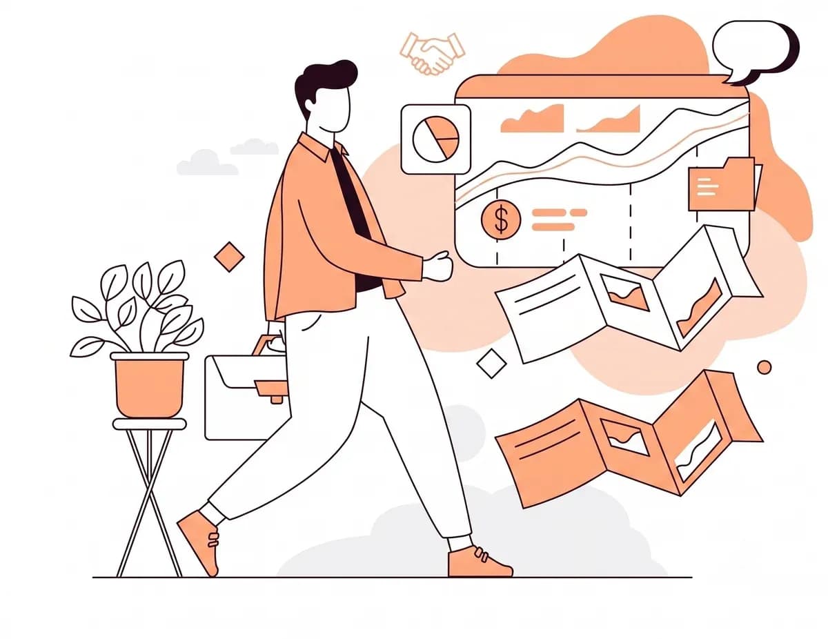 Illustration of an advisor walking with financial reports, charts, and lender documents in motion, representing Capmob's end-to-end matching process