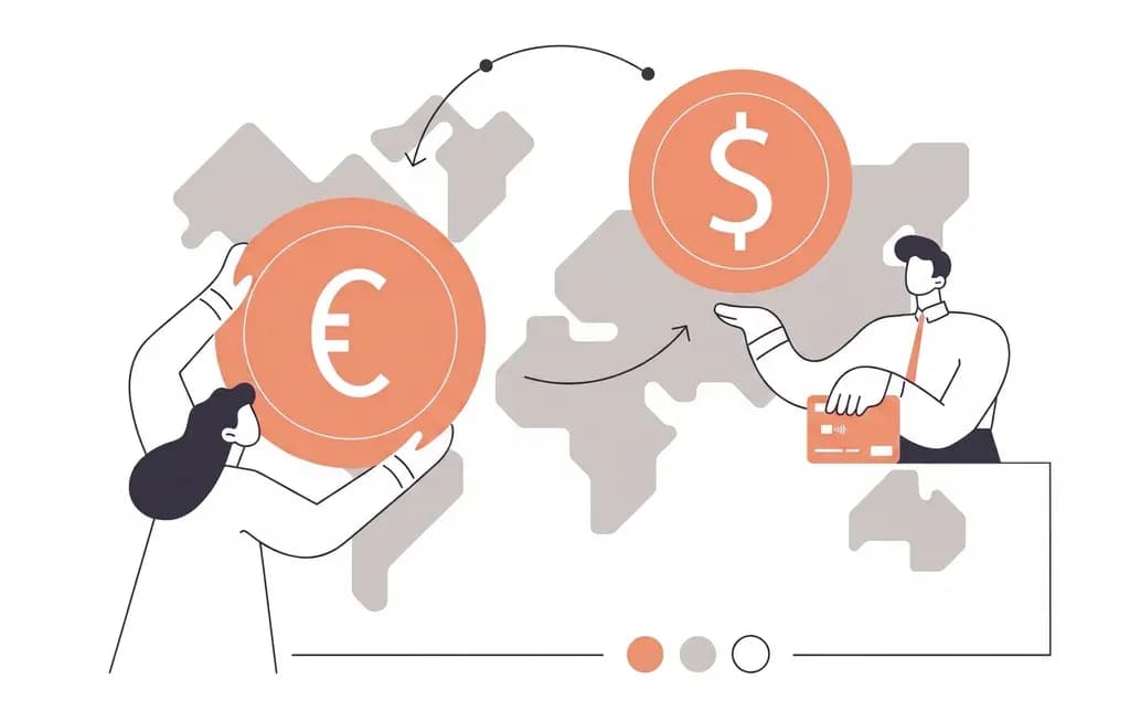 Illustration of currency exchange between Euro and Dollar across a world map, representing cross-border foreign exchange