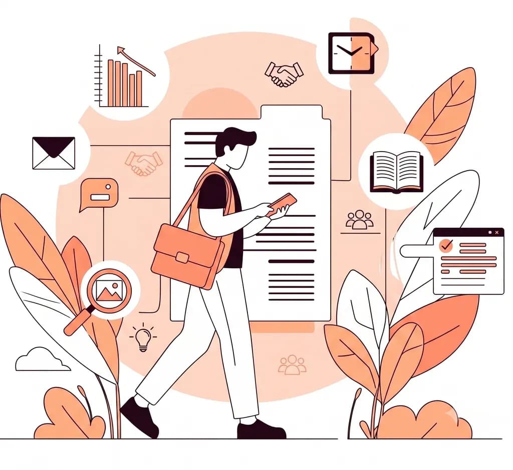 Illustration of a professional walking past icons representing finance articles, growth charts, and resources