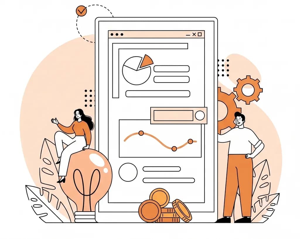 Illustration of advisors reviewing a business plan dashboard with charts and funding